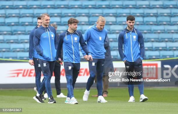 Preston North End players inspect the pitch during the Sky Bet Championship between Millwall and Preston North End at The Den on April 15, 2023 in...