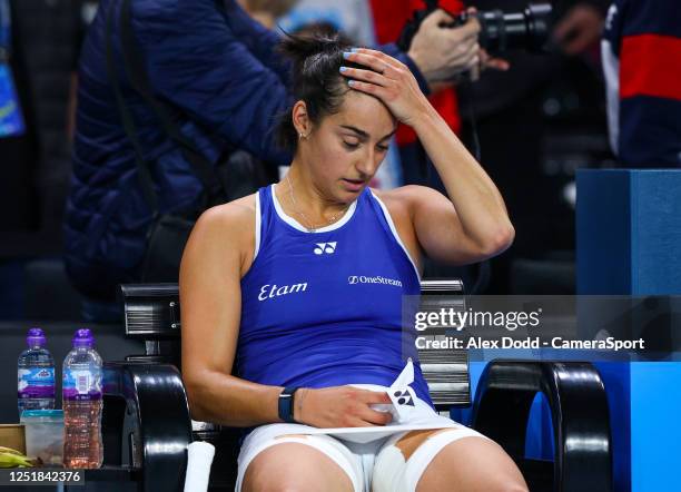 France's Caroline Garcia catches her breath after winning her match against Harriet Dart during the Billie Jean King Cup Qualifier match between...