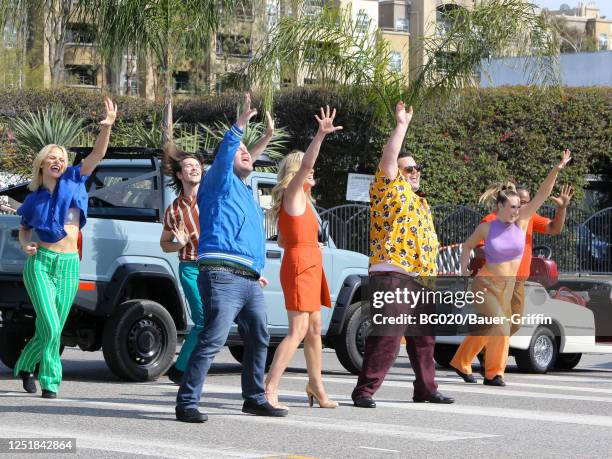 James Corden, Jane Krakowski and Josh Gad are seen on April 14, 2023 in Los Angeles, California.