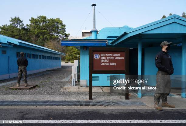 April 2023, South Korea, Joint Security Area: US Army soldiers stand in the Joint Security Area of the demilitarized zone between North and South...