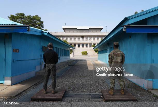 April 2023, South Korea, Joint Security Area: U.S. Army soldiers stand in the Joint Security Area of the demilitarized zone between North and South...