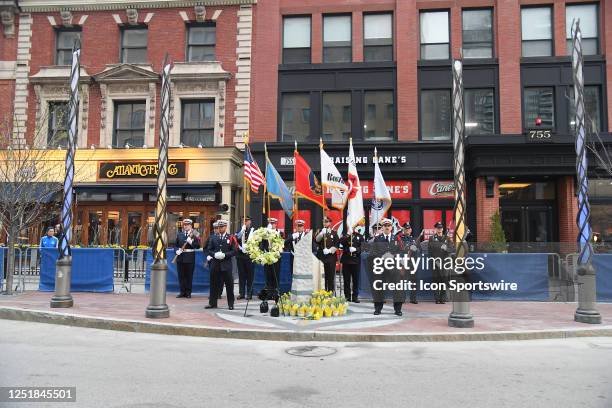General view of the remembrance ceremony at the Boston Marathon Bombing Memorial at 755 Boylston Street, the location of the second attack of the...