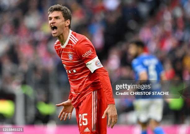 Bayern Munich's German forward Thomas Mueller reacts during the German first division Bundesliga football match between FC Bayern Munich and TSG 1899...