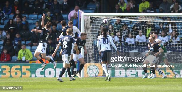 Millwall's Tom Bradshaw scores his side's first goal during the Sky Bet Championship between Millwall and Preston North End at The Den on April 15,...