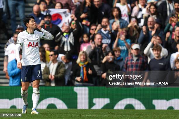 Son Heung-min of Tottenham Hotspur celebrates after scoring a goal to make it 1-0 during the Premier League match between Tottenham Hotspur and AFC...