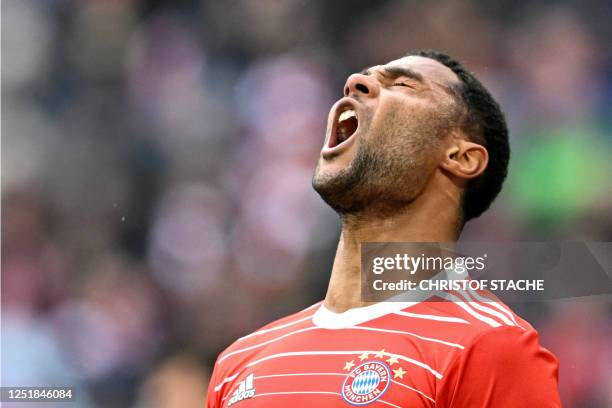 Bayern Munich's German midfielder Serge Gnabry reacts during the German first division Bundesliga football match between FC Bayern Munich and TSG...