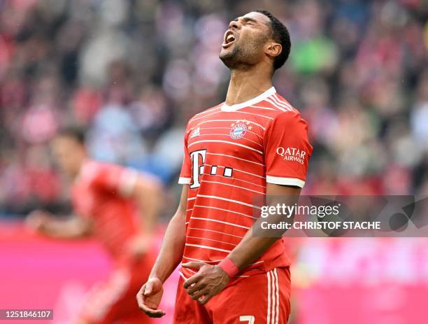 Bayern Munich's German midfielder Serge Gnabry reacts during the German first division Bundesliga football match between FC Bayern Munich and TSG...