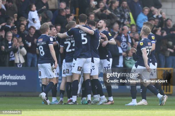 Millwall celebrate their first goal scored by Tom Bradshaw during the Sky Bet Championship between Millwall and Preston North End at The Den on April...
