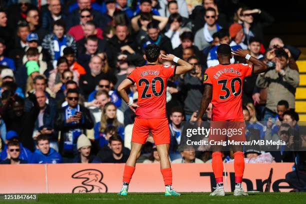 Julio Enciso of Brighton & Hove Albion celebrates with team mate Pervis Estupinan after scoring his side's second goal during the Premier League...