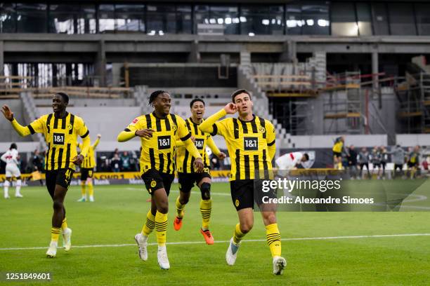 Giovanni Reyna of Borussia Dortmund is celebrating his goal during the Bundesliga match between VfB Stuttgart and Borussia Dortmund at Mercedes-Benz...