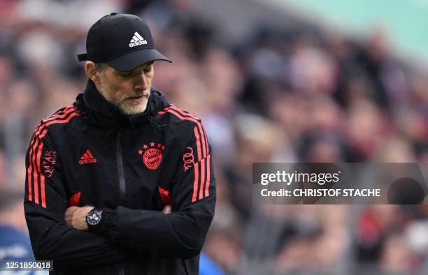 Bayern Munich's head coach Thomas Tuchel reacts during the German first division Bundesliga football match between FC Bayern Munich and TSG 1899...