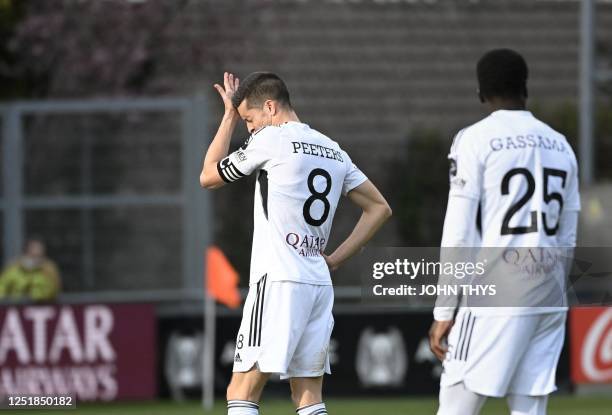Eupen's Stef Peeters reacts during a soccer match between KAS Eupen and SV Zulte Waregem, Saturday 15 April 2023 in Eupen, on day 33 of the 2022-2023...