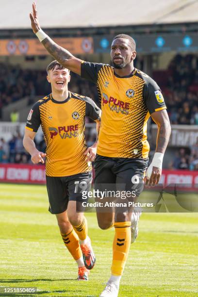 Omar Bogle of Newport County celebrates during the Sky Bet League Two match between Newport County and Hartlepool United at Rodney Parade on April...