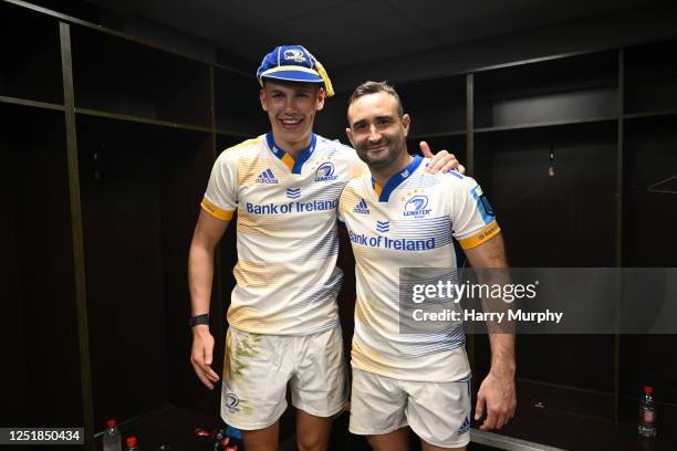 Gauteng , South Africa - 15 April 2023; Leinster players Sam Prendergast after making his debut and Dave Kearney after making his 150th appearance in...