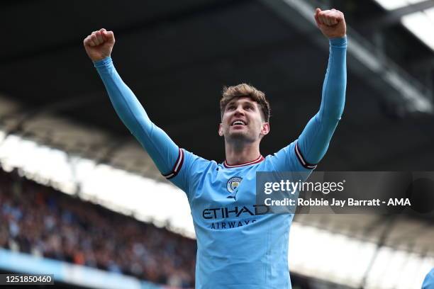 John Stones of Manchester City celebrates after scoring a goal to make it 1-0 during the Premier League match between Manchester City and Leicester...