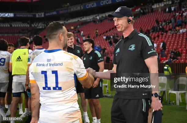 Gauteng , South Africa - 15 April 2023; Leinster head coach Leo Cullen and Dave Kearney of Leinster after his side's victory in the United Rugby...