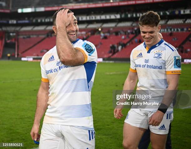Gauteng , South Africa - 15 April 2023; Dave Kearney and Rob Russell of Leinster celebrate after their side's victory in the United Rugby...