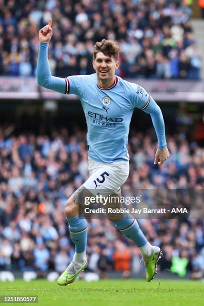 John Stones of Manchester City celebrates after scoring a goal to make it 1-0 during the Premier League match between Manchester City and Leicester...