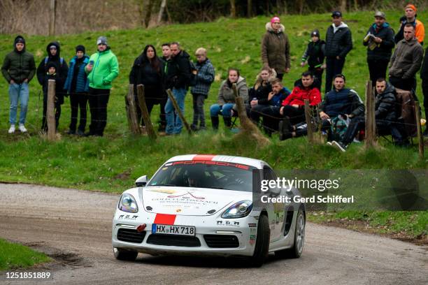 April 15: Heinz-Otto Sagel of Germany and Richard Lueke of Germany in their Porsche 718 Cayman S during the Lavanttal Rallye on April 15, 2023 in...