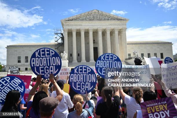 Demonstrators rally in support of abortion rights at the US Supreme Court in Washington, DC, April 15, 2023. - The Court on April 14 temporarily...