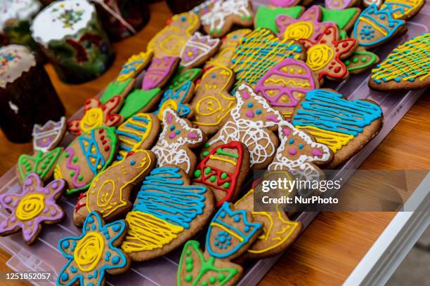 Hand-made biscuits are seen on a stand during Holy Saturday celebrations in St. Michael's Golden-Domed Monastery in Kyiv, the capital of Ukraine on...