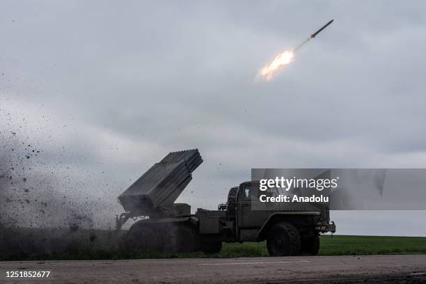 Ukrainian army fires grad missiles in the direction of Marinka-Pisky in Donetsk Oblast, Ukraine on April 15, 2023.