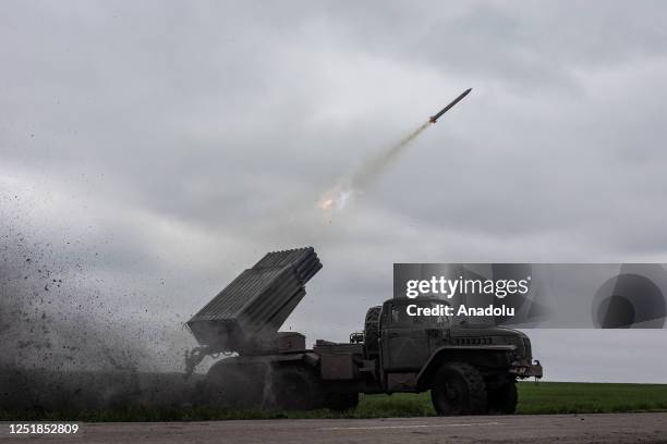 Ukrainian army fires grad missiles in the direction of Marinka-Pisky in Donetsk Oblast, Ukraine on April 15, 2023.