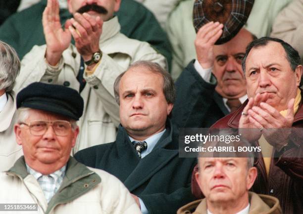 Photo prise le 05 mars 1995 de Jacques Fouroux, alors président de la Rugby League à XIII, assistant au match de rugby à XIII France-Pays de Galles à...