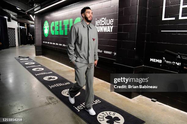 Jayson Tatum of the Boston Celtics arrives to the arena before Round One Game One of the 2023 NBA Playoffs against the Atlanta Hawks on April 15,...