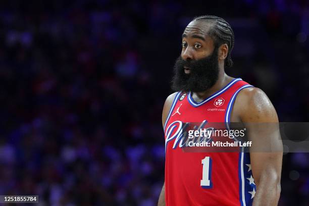 James Harden of the Philadelphia 76ers reacts against the Brooklyn Nets in the second quarter during Game One of the Eastern Conference First Round...