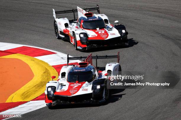 The Toyota Gazoo Racing Toyota GR010 Hybrid of Mike Conway, Kamui Kobayashi, and Jose Maria Lopez leads the Toyota Gazoo Racing GR010 Hybrid of...