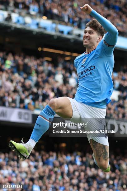 John Stones of Manchester City celebrates after scoring their 1st goal during the Premier League match between Manchester City and Leicester City at...
