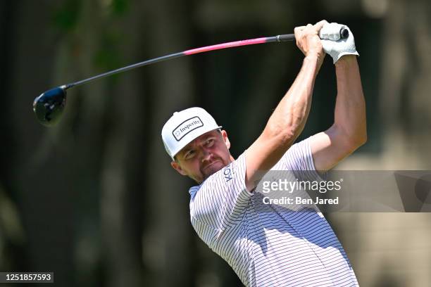 Jimmy Walker plays a tee shot on the second hole during the third round of the RBC Heritage at Harbour Town Golf Links on April 15, 2023 in Hilton...