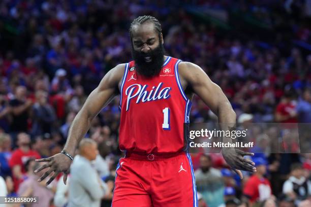 James Harden of the Philadelphia 76ers reacts against the Brooklyn Nets in the fourth quarter during Game One of the Eastern Conference First Round...