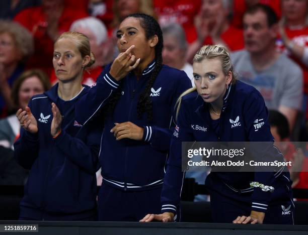 S Katie Boulter and Heather Watson watch on during the Billie Jean King Cup Qualifier match between Great Britain and France at The Coventry Building...