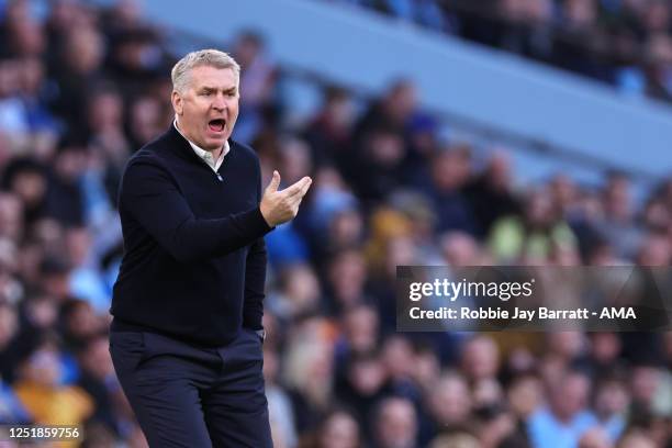 Dean Smith the manager / head coach of Leicester City during the Premier League match between Manchester City and Leicester City at Etihad Stadium on...