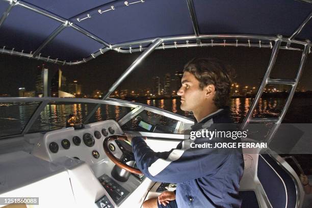 The world number one and three-time Dubai Champion Roger Federer of switzerland enjoying a relaxing night cruise on a luxury speed boat on the Dubai...