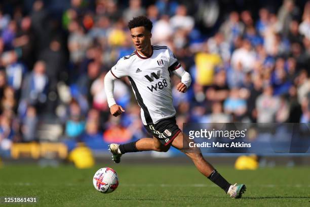 Antonee Robinson of Fulham during the Premier League match between Everton FC and Fulham FC at Goodison Park on April 15, 2023 in Liverpool, United...