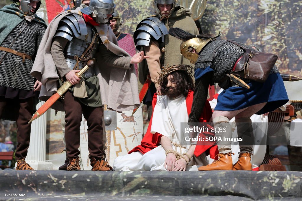 Jesus Vs Rome Actors depicting Roman legionnaires and Jesus Christ are seen during ...