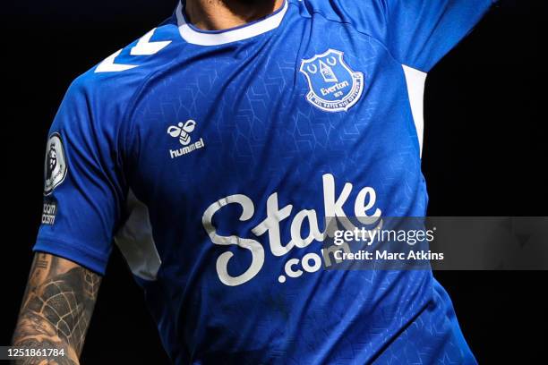 Stake.com betting company advertising on the Everton shirt during the Premier League match between Everton FC and Fulham FC at Goodison Park on April...