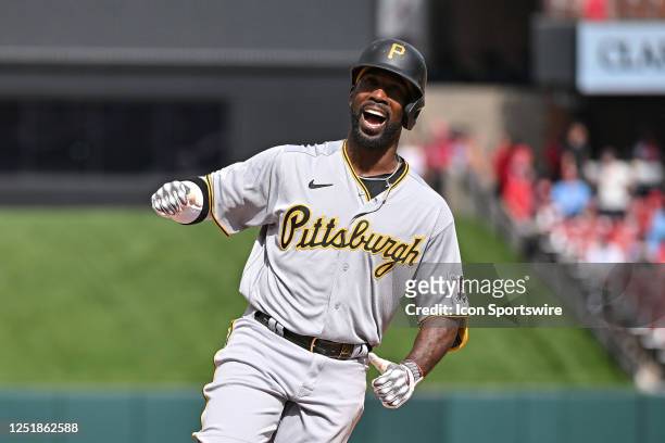 Pittsburgh Pirates designated hitter Andrew McCutchen is all smiles after hitting a two run homerun in the top of the 10th inning during the Jackie...