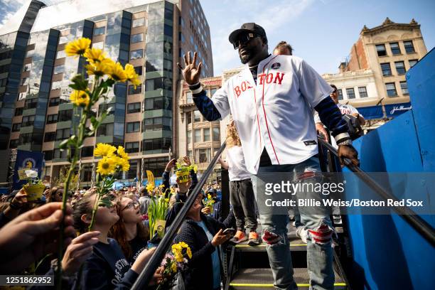 Former Boston Red Sox designated hitter David Ortiz attends a finish line dedication ceremony in recognition of the ten-year anniversary of the...