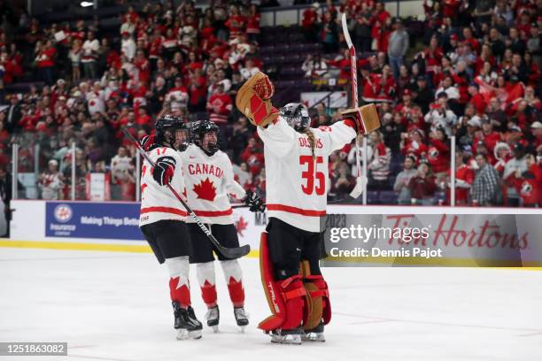Goaltender Ann-Renee Desbiens of Canada celebrates the 5-1 win over Switzerland during the 2023 IIHF Women's World Championship at CAA Centre on...