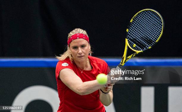 Ysaline Bonaventure of Belgium hits a backhand during her match against Leylah Annie Fernandez of Canada on Day 2 of the Billie Jean King Cup...