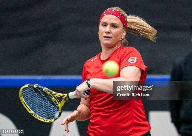 Ysaline Bonaventure of Belgium hits a backhand during her match against Leylah Annie Fernandez of Canada on Day 2 of the Billie Jean King Cup...