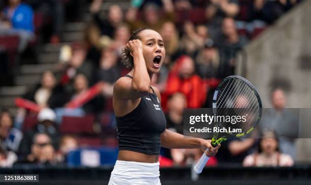 Leylah Annie Fernandez of Canada reacts after winning the second set during her match against Ysaline Bonaventure of Belgium on Day 2 of the Billie...