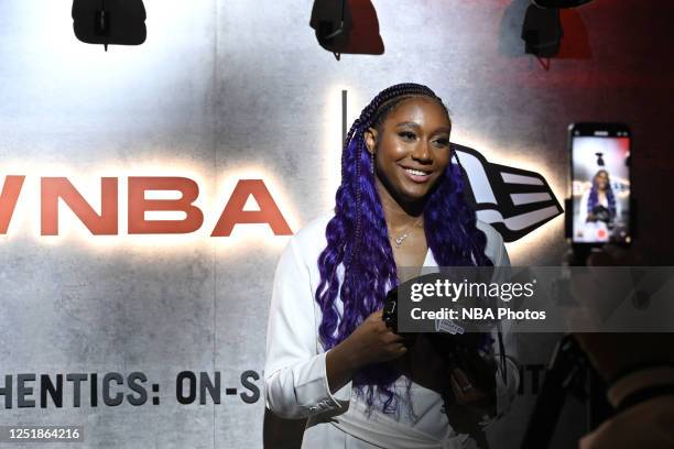 Aliyah Boston talks to the media after being drafted number one overall by the Indiana Fever during the 2023 WNBA Draft on April 10, 2023 at Spring...