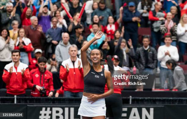 Leylah Annie Fernandez of Canada waves to the crowd after defeating Ysaline Bonaventure of Belgium on Day 2 of the Billie Jean King Cup Qualifier...