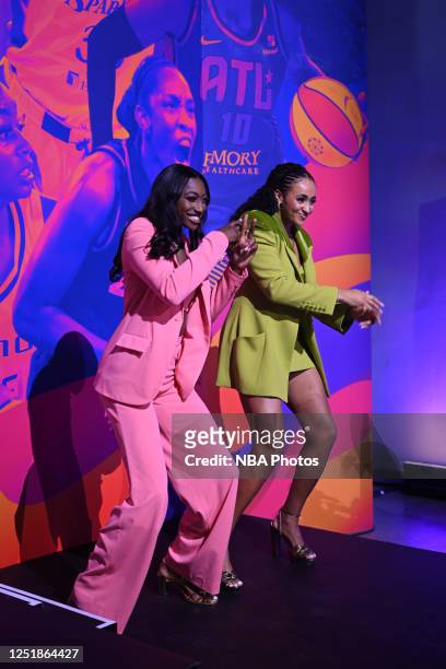 Draftees, Diamond Miller and Haley Jones smile during the 2023 WNBA Draft on April 10, 2023 at Spring Studios in New York, New York. NOTE TO USER:...