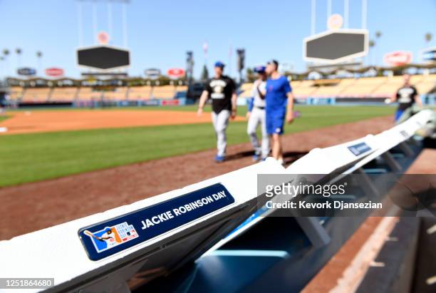 Jackie Robinson Commemorative plaque is placed on all the bases before the start of the game between the Chicago Cubs and Los Angeles Dodgers at...